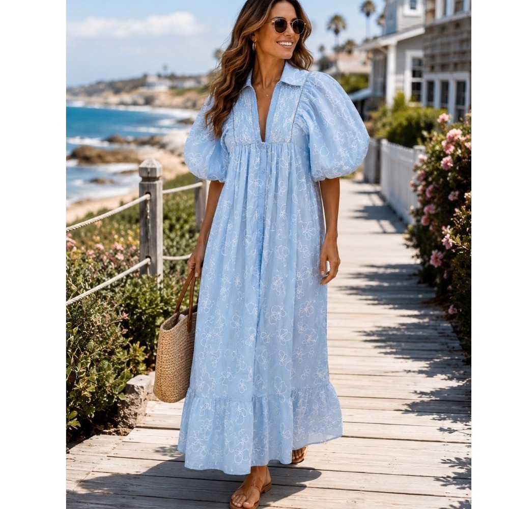 Anniewear Light Blue Floral Smocked Puff Sleeve Button Down Maxi Dress Sz‎ L